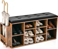 Ławka na buty COSTWAY, ławka z 10 otwartymi przegrodami, regulowaną półką i stojakiem na parasole, stojak na buty do 300 kg, rustykalny brąz