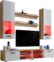 Komodee | Wohnwand Wohnzimmerset RTV Varallo, Korpus Wotan Matt Frontfarbe Weiß Hochglanz, LED RGB