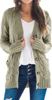 ASKSA Damen Strickjacke Strickpulli Langarm mit Taschen Knopf Pullover Casual Einfarbig Strickmantel, Armeegrün, L