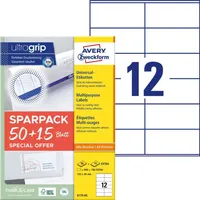 Avery Zweckform 6175-65 Universal-Etiketten, A4 mit ultragrip, Adressaufkleber, 105 x 48 mm, 780 Etiketten/65 Bogen, weiß