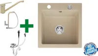 [Granitspüle 48x50 Beige +Armatur] Hochwertig beidseitig Montierbar Küchenspüle Eckig Einbaugranitspüle Granit Spülbecken f. Unterschränke ab 45 cm inkl. Siphon Set, Armatur:Klein