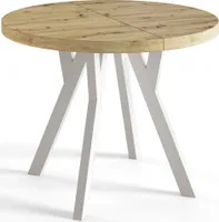 Runder Esszimmertisch OVO, ausziehbarer Tisch Durchmesser: 110 cm bis 210 cm, Wohnzimmertisch Farbe: ARTISAN, mit Holzbeinen in Farbe Weiß