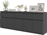 FURNICA - NOAH - Komoda s 5 zásuvkami a 5 dvířky - Komoda do ložnice Úložná skříňka Příborník - antracit V75cm Š200cm H35cm