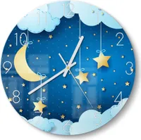 DEQORI Glasuhr Ø30 cm Zahlen 'Mond und Sterne Collage' Wanduhr Glas Uhr Design leise