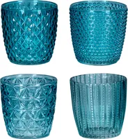 4er Set Windlicht H7,5cm Glas Türkis Teelichthalter Tischdeko Kerzen Retro Deko