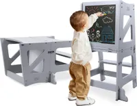 YOLEO baby Lernturm, Kinderhocker mit Brett, höhenverstellbarer Montessori Lernturm für Kindern ab 2 Jahr (Grau)