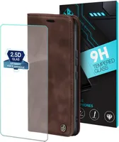 Handy Hülle für Xiaomi Redmi 13C mit 9H 2.5D Displayglas Klapphülle Bookcase Flip Cover Handy Tasche Etui Farbe: Dunkelbraun