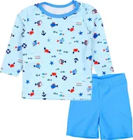Aquarti Baby Jungen Bade-Set Zweiteiliger Kinder Badeanzug T-Shirt Badehose UV-Schutz, Farbe: Langarm / Kleine Fische Hellblau / Blau, Größe: 122