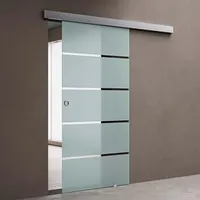 doporro Glasschiebetür komplettset 102,5 x 205cm Schiebetür mit ESG 15mm Wandabstand Zimmertür Glas 5-Milchglas-Streifen mit Muschelgriff
