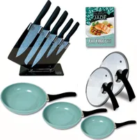 Starlyf® Pfannen Set »Jade Pan Set + Jade Knife Series«, Aluminium (Spar-Set, 11-tlg., 3 Pfannen, 2 Glasdeckel, 5 Messer, 1 Messerständer), Küchenstarterset, Jade-Beschichtung, Pfannen, Messerset, Messerblock