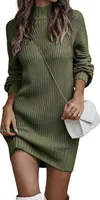 ASKSA Damen Strickkleid Rollkragen Pullikleid Elegant Pulloverkleid Freizeit Midikleid Tops, Armeegruen, M