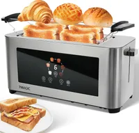 7MAGIC Toaster Edelstahl 4 Scheiben mit Brötchenaufsatz, 1400W 6 Bräunungsstufen, Langschlitz mit Touchscreen LED Anzeige, Auftau-/Aufwärm-/Schnellstoppfunktion, Brotzentrierung, Silber