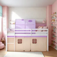Homestyle4u 2961, Kinder Hochbett 90x200 mit Matratze Tunnel Vorhang lila orange
