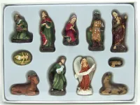 Krippenfiguren Satz aus Polyresin. 11 Teile. Bis 5 cm hoch, handbemalt