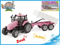 Kids Globe růžový traktor s přívěsem Die Cast se světlem a zvukem, farma