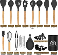 Silikon Kochgeschirr Set, Küchengerät 34 Stück Küchenhelfer Set, Antihaft Hitzebeständiger Silikonspatel Set, Küchenutensilien mit Hochwertige Holzgriffe Schwarz