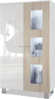 Vladon Vitrine Denjo,  Germany, Standvitrine mit 2 Türen und 3 Glaseinsätzen, Weiß matt/ Weiß Hochglanz/ Eiche Sägegrau inkl. LED-Beleuchtung (71 x 129 x 35 cm)