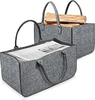 JOIEYOU Kaminholzkorb Filz Holzkorb für Kaminholz mit Tragegriffen Faltbar Filztaschen Shopper Kaminholztasche für Holz und Zeitungen, Einkaufstasche 50 x 25 x 25 cm - 2 Stück Hellgrau