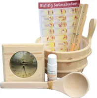 Sauna Zubehörset 6-teilig | Saunakübel, Kelle, Thermometer, Sanduhr, Aufgusskonzentrat