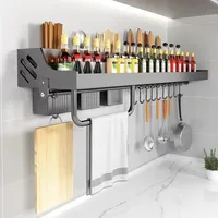 TOJ Living Küchengestell - 60CM - Gewürzregal wall - Küchenregal - Wandregal - Organizer küche - Küchen organizer - Ohne bohren - Messerkorb - Messerhalter - Matt Schwarz