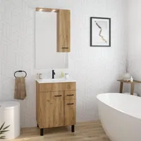 DomoDomo Mea – Stojící koupelnová skříňka s umyvadlem 60 a zrcadlo se skříňkou, zla 85 x 60 x 40cm a zrcadlo se skříňkou, zlatý dub Craft