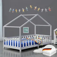 DELUKE® Kinderbett 90x200 cm MILA - mit Matratze, Lattenrost, Rausfallschutz | Hausbett Kinder Haus Bett Kinderzimmer Bodenbett Einzelbett Kinder Bett Klein Kinderbett Montessori Bett | Grau