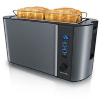 Arendo Toaster für 4 Scheiben Langschlitz, 1500W, mit Display, Doppelwandgehäuse wärmeisolierend, Brötchenaufsatz, Auftaufunktion, Grau