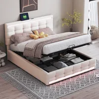 Flieks Čalúnená posteľ 140x200 cm s 2 USB, Boxspring posteľ Manželská posteľ s úložným priestorom a lamelovým rámom, Posteľ pre mladých s led osvetlením, Funkčná posteľ z masívu, posteľná bielizeň, béžová
