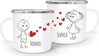 Emaille-Tasse mit Namen Liebes-Paar Strichmännchen Liebesgeschenke personalisierbare Geschenke (1 Tasse) SpecialMe® weiß-metall Emailletasse