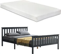 Łóżko drewniane z materacem z zimnej pianki Rama łóżka z wysokim zagłówkiem i stelażem listwowym 160x200 cm łóżko podwójne łóżko podwójne drewno sosnowe ciemnoszare [en.casa]