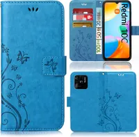 Handy Tasche für Xiaomi Redmi 10C Schutz Hülle Handyhülle mit Blumenmuster Klapp Hülle mit Standfunktion und Kartenfächer Blau