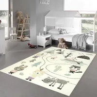 Kinderzimmer Teppich - Bären auf dem Campingplatz - creme türkis Größe - 140 x 200 cm
