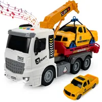 Abschleppwagen mit Licht & Sound – Kranwagen mit beweglichem Arm, Push-and-Go Spielzeug für Kinder ab 3 Jahren