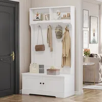 Merax Garderoben-Set inkl. Schuhbank und Haken, Flurgarderoben Set Scandi, Kompaktgarderobe Garderobenbank Garderobenpaneel Massivholz, Weiß