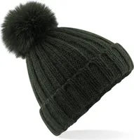 Beechfield B413 | Verbier Fur Pom Pom Chunky Beanie - Farbe: Dark Olive - Größe: One Size