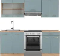 Vicco Küchenzeile R-Line, 200 cm ohne Arbeitsplatte, Blau-Grau/Goldkraft Eiche