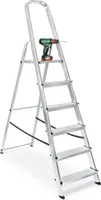 Alu Stufenleiter, 6 Stufen, Ablage, Eimerhaken, Arbeitshöhe bis 3210 mm