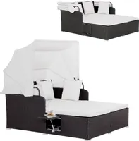 GOPLUS Rattan Lounge mit faltbarem Sonnendach, Gartenliege mit Sitz- und Rückenkissen, Doppelliege Gartensofa für Garten & Terrasse