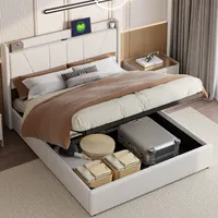 Fortuna Lai Polsterbett 140x200cm mit USB, Jugendbett Doppelbett mit Lattenrost und Stauraum, Stauraumbett, Leinen, Beige