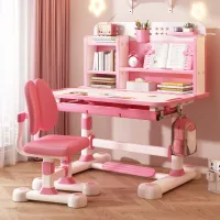 2Pcs/Set Kinder Studie Schreibtisch Stuhl Set, höhenverstellbar Kinder Schule Studie Tisch Stuhl Set mit Sitzkorrektor, mit Buch Stand, Fußpedal Rosa