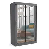 Brent - Kleiderschrank mit Schiebetüren Windsor David, 100x200x60 cm, mit Spiegel, Stangen und Einlegeböden für Kleidung, Laminierte Spanplatte, Aluminiumschienen, Anthrazit