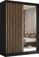 160 cm Kleiderschrank Erika mit Lamellen und Spiegel inklusive 2 Schiebetüren Schwebetürenschrank Kleiderstange Garderobe Lieferung bis in die Wohnung (Farbe: schwarz, Artisan, Lamelle schwarz)