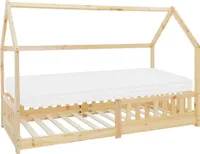 ML-Design detská posteľ 90x200 cm s matracom, ochranou proti vypadnutiu, strechou a lamelovým roštom, prírodná, domček z borovicového dreva