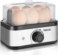 7MAGIC Eierkocher Edelstahl, Eierkocher für 1-6 Eier mit Zeiteinstellung zur Härteeinstellung, Messbecher mit Eierstecher, Abschaltautomatik zum Überhitzungsschutz, BPA-freies