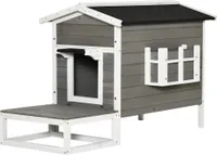 PawHut Katzenhaus aus Holz, Katzenhütte Outdoor Katzenhöhle Kleintierhaus mit Terrasse und Balkon für Katzen Hunde Tannenholz Grau + Weiß 115 x 66,5 x 74,7 cm