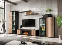 Wohnwand CAMERON ZHJ CM-K mit Bio-Ethanol Kamin Lamellen Led B. und Push - Click