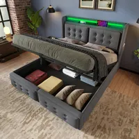 MODFU Boxspringbett Hydraulisches 180x200 cm mit LED-Beleuchtung, Polsterbett Funktionelles mit USB-Ladeanschluss, Stauraumbett mit Bettkasten Stauraum, Grau(Ohne Matratze)