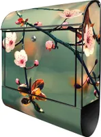 banjado Design Briefkasten Stahl schwarz mit Zeitungsfach pulverbeschichtet "Japankirsche" 38x46x12,5cm & 2 Schlüssel - Postkasten A4 Einwurf inkl. Montagematerial [BKSCH 12761]