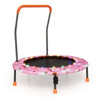 Trampolina dla dzieci COSTWAY Ø92 cm, mini trampolina z oświetleniem LED i zdejmowanym uchwytem Różowa