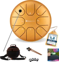Sonodrum Zungentrommel: C - Dur in Gold - 20 cm mit 8 Tönen, Steel Tongue Drum inkl. Liederbuch, Schlägel, Fingersticks und Tragetasche